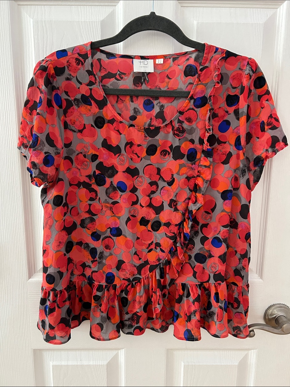 HD in Paris Silk Polka Dot Ruffle Short Sleeve Blouse